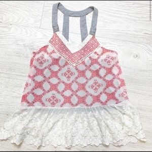 Boho Red Geometric Print Halter Tank Top Lace Trim Multi-Strap Racerback Small